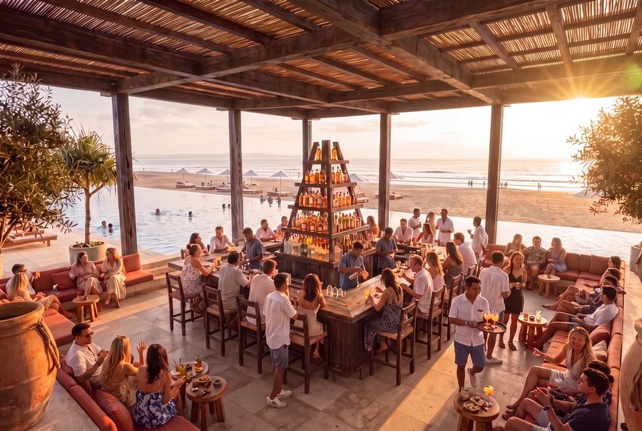 Beach club main bar sunset, artist's impression